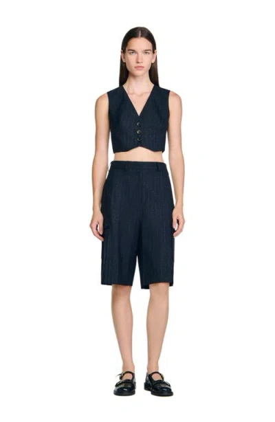 Sandro Rhinestone Pinstripe Long Shorts In Blue