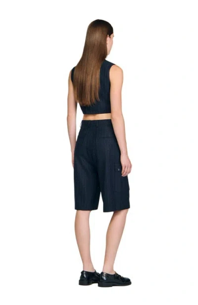 Sandro Rhinestone Pinstripe Long Shorts In Blue