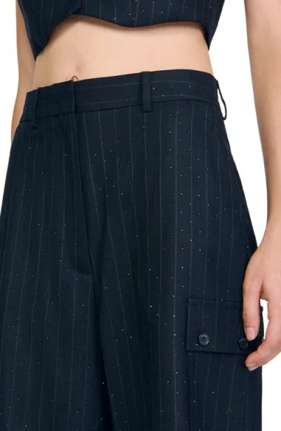 Sandro Rhinestone Pinstripe Long Shorts In Blue