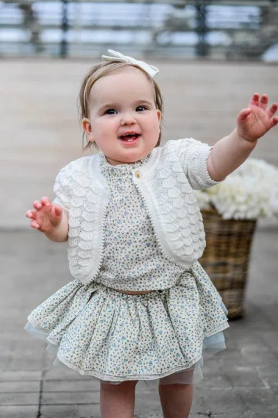 Oh Baby ! Shell Stitch Juliet Pointelle Short Sleeve Cardigan In White