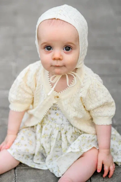 Oh Baby ! Wave Stitch Juliet Pointelle Short Sleeve Cardigan In Neutral