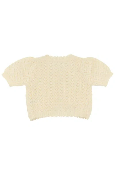 Oh Baby ! Wave Stitch Juliet Pointelle Short Sleeve Cardigan In Neutral