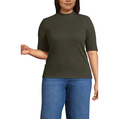 Lands' End Elbow Sleeve Pointelle Rib Mock Neck In Green