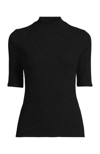 Lands' End Elbow Sleeve Pointelle Rib Mock Neck In Black