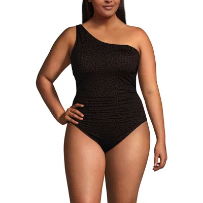 Lands' End Womens Chlorine Resistant Shirred One Shoulder One Piece Swimsuit Removable Adjustable St In Brown