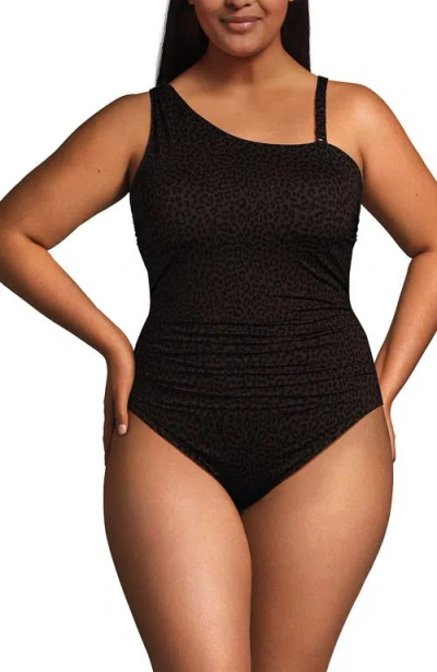 Lands' End Womens Chlorine Resistant Shirred One Shoulder One Piece Swimsuit Removable Adjustable St In Brown