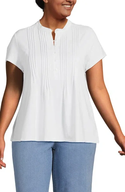 Lands' End Short Sleeve Lightweight Jersey Button Pintuck Top In White