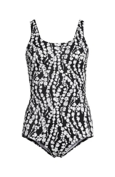 Lands' End D-cup Chlorine Resistant Scoop Neck Soft Cup Tugless Sporty One Piece Swimsuit Print In Black