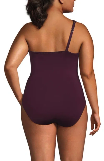 Lands' End Womens Chlorine Resistant Shirred One Shoulder One Piece Swimsuit Removable Adjustable St In Black