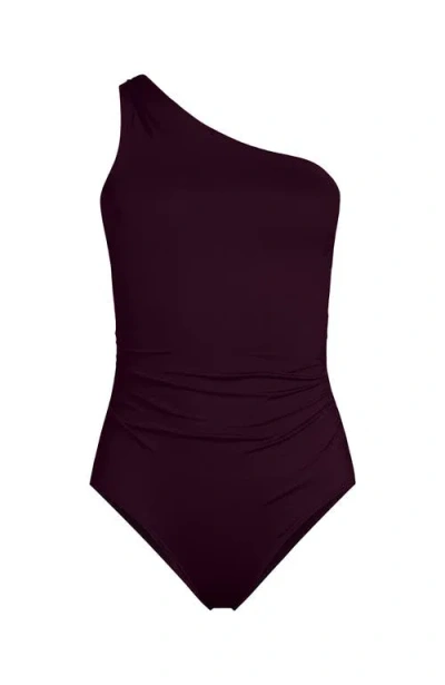 Lands' End Womens Chlorine Resistant Shirred One Shoulder One Piece Swimsuit Removable Adjustable St In Black