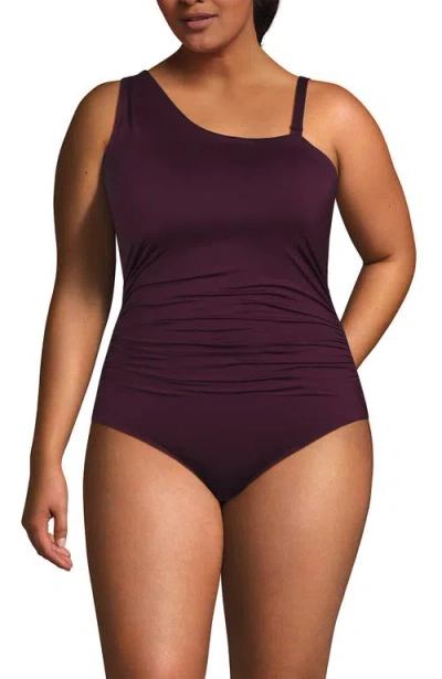Lands' End Womens Chlorine Resistant Shirred One Shoulder One Piece Swimsuit Removable Adjustable St In Black