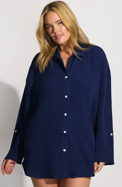 Lands' End Oversized Gauze Button Front Cover-up Shirt In Black