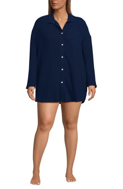 Lands' End Oversized Gauze Button Front Cover-up Shirt In Black