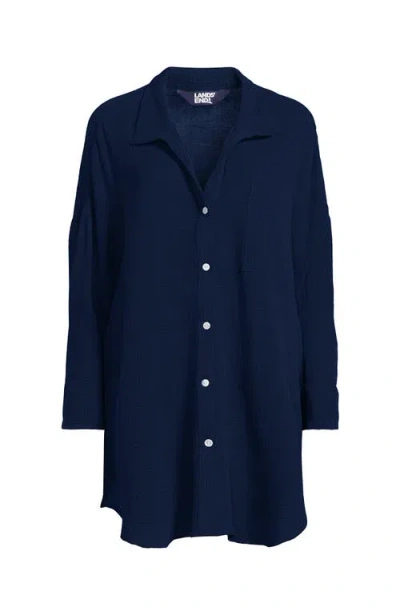 Lands' End Oversized Gauze Button Front Cover-up Shirt In Black