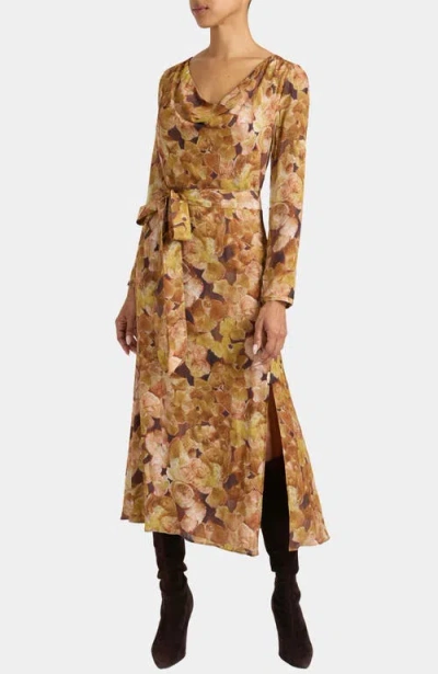 Santorelli Piper Long Sleeve Cowl Neck Dress In Floral Crepe In Brown