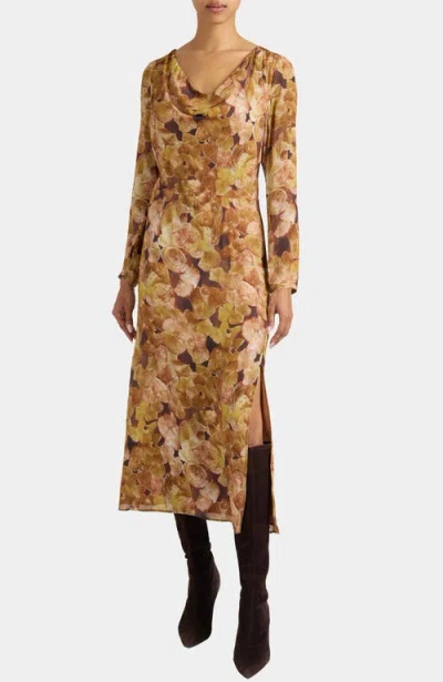 Santorelli Piper Long Sleeve Cowl Neck Dress In Floral Crepe In Brown