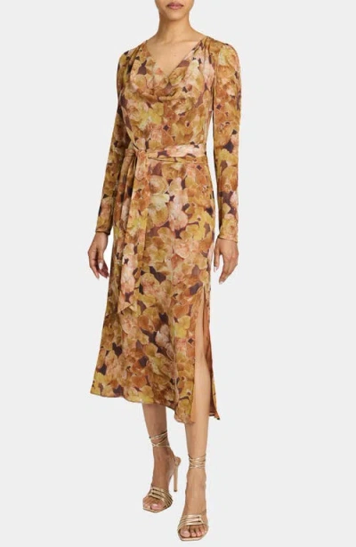 Santorelli Piper Long Sleeve Cowl Neck Dress In Floral Crepe In Brown