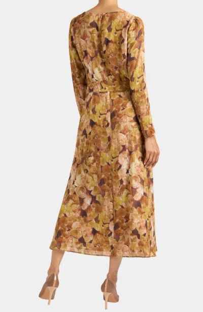 Santorelli Piper Long Sleeve Cowl Neck Dress In Floral Crepe In Brown