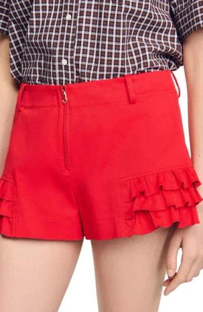 Sandro Flared Ruffled Shorts In Red