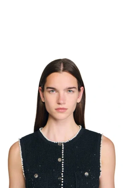 Sandro Decorative Tweed Waistcoat In Black