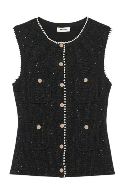 Sandro Decorative Tweed Waistcoat In Black