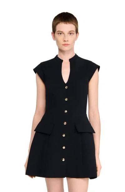 Sandro Womens Black Capped-sleeves Buttoned Knitted Mini Dress