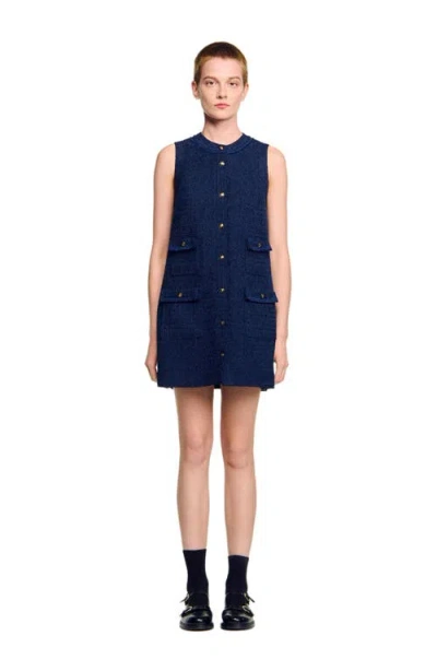 Sandro Womens Navy Blue Flap-pocket Sleeveless Tweed Mini Dress