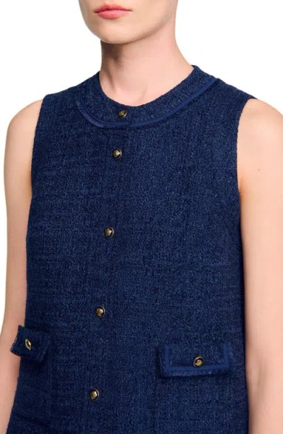 Sandro Womens Navy Blue Flap-pocket Sleeveless Tweed Mini Dress