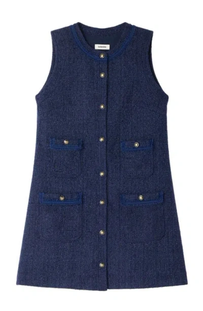 Sandro Womens Navy Blue Flap-pocket Sleeveless Tweed Mini Dress