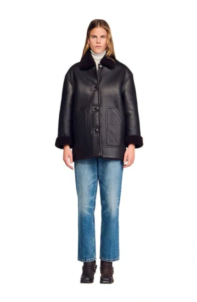 Sandro Shearling Coat In Black