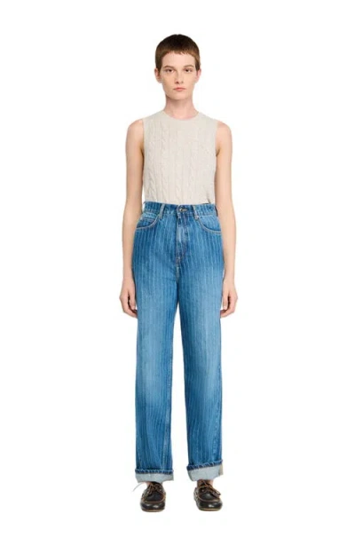 Sandro Wide Leg Striped Jeans In Blue Jean In Blue