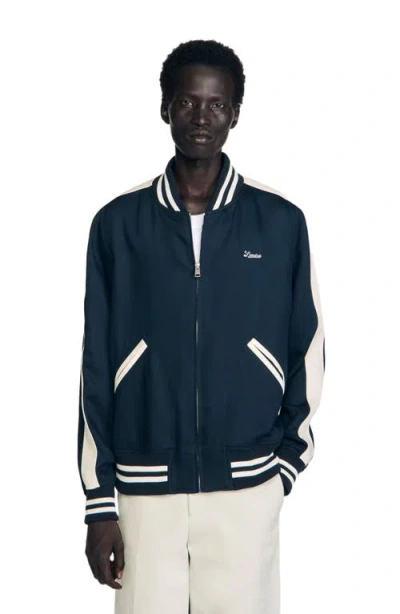 Sandro Logo-embroidered Bomber Jacket In Blue
