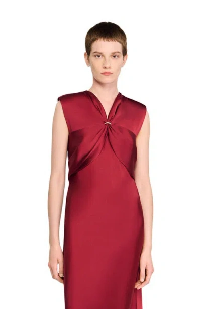 Sandro Womens Bordeaux V-neck Sleeveless Satin Maxi Dress In Red