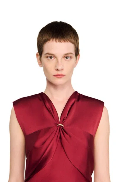 Sandro Womens Bordeaux V-neck Sleeveless Satin Maxi Dress In Red