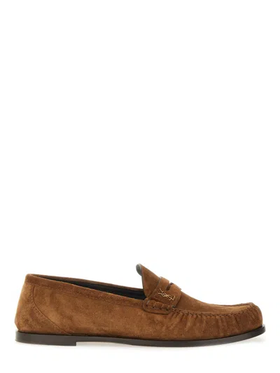 Saint Laurent Logo Loafers In Brown