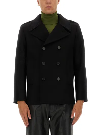 Saint Laurent Black Double-breasted Coat With Wide Notched Revers In Wool Man In Black