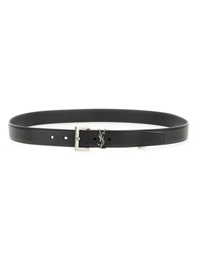 Saint Laurent Cassandre Buckle Grained Leather Belt In Black