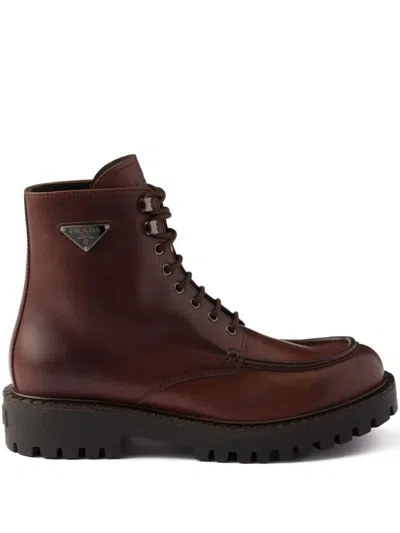 Prada Laced Leather Booties In Brown