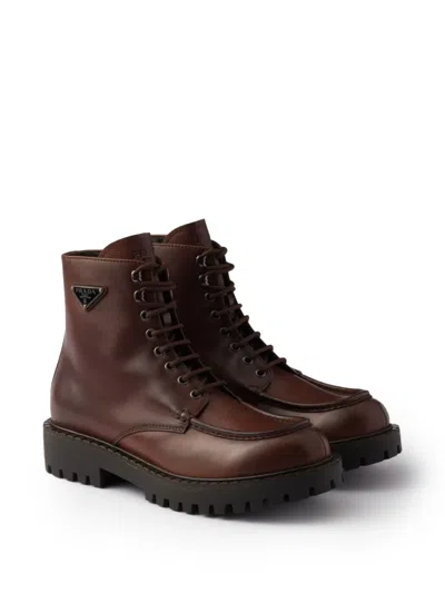 Prada Laced Leather Booties In Brown
