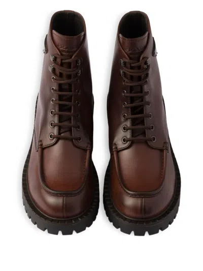 Prada Laced Leather Booties In Brown