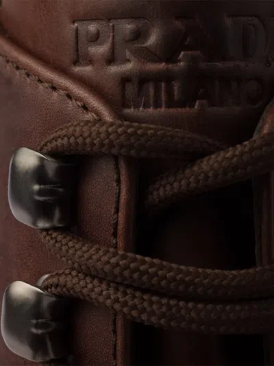 Prada Laced Leather Booties In Brown
