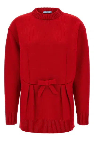 Prada Oversized Knit Sweater With Bow And Pleats In Red