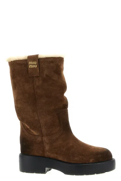 Miu Miu Round-toed Ankle Boots In Brown