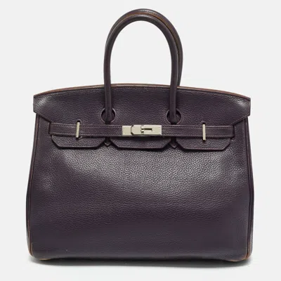 Pre-owned Hermes Raisin Togo Leather Palladium Finish Birkin 35 Bag In Purple