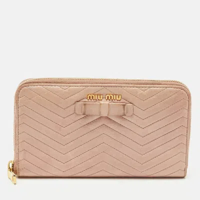 Pre-owned Miu Miu Beige Quilted Leather Zip Continental Wallet In Sand