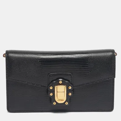 Pre-owned Dolce & Gabbana Black Lizard Embossed Leather Lucia Wallet On Chain