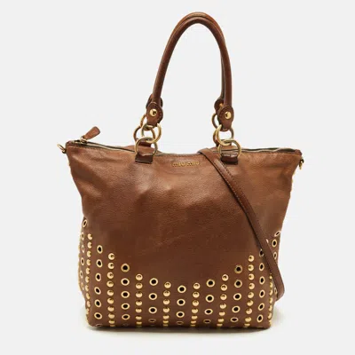 Pre-owned Miu Miu Brown Leather Grommet And Studded Tote