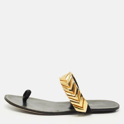 Pre-owned Louis Vuitton Black Suede Metal Chevron Flat Slides Size 39.5