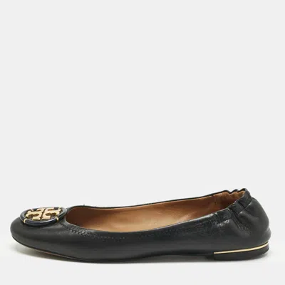 Pre-owned Tory Burch Black Leather Minnie Travel Scrunch Ballet Flats Size 38