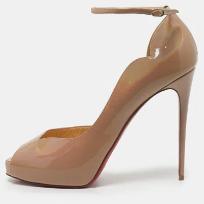Pre-owned Christian Louboutin Beige Patent Leather Aketata Peep Toe Ankle Wrap Pumps Size 41 In Sand